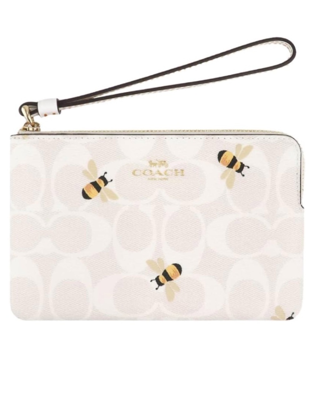 New! Coach Signature C with  Bee Pattern Wristlet Chalk/Glacier White